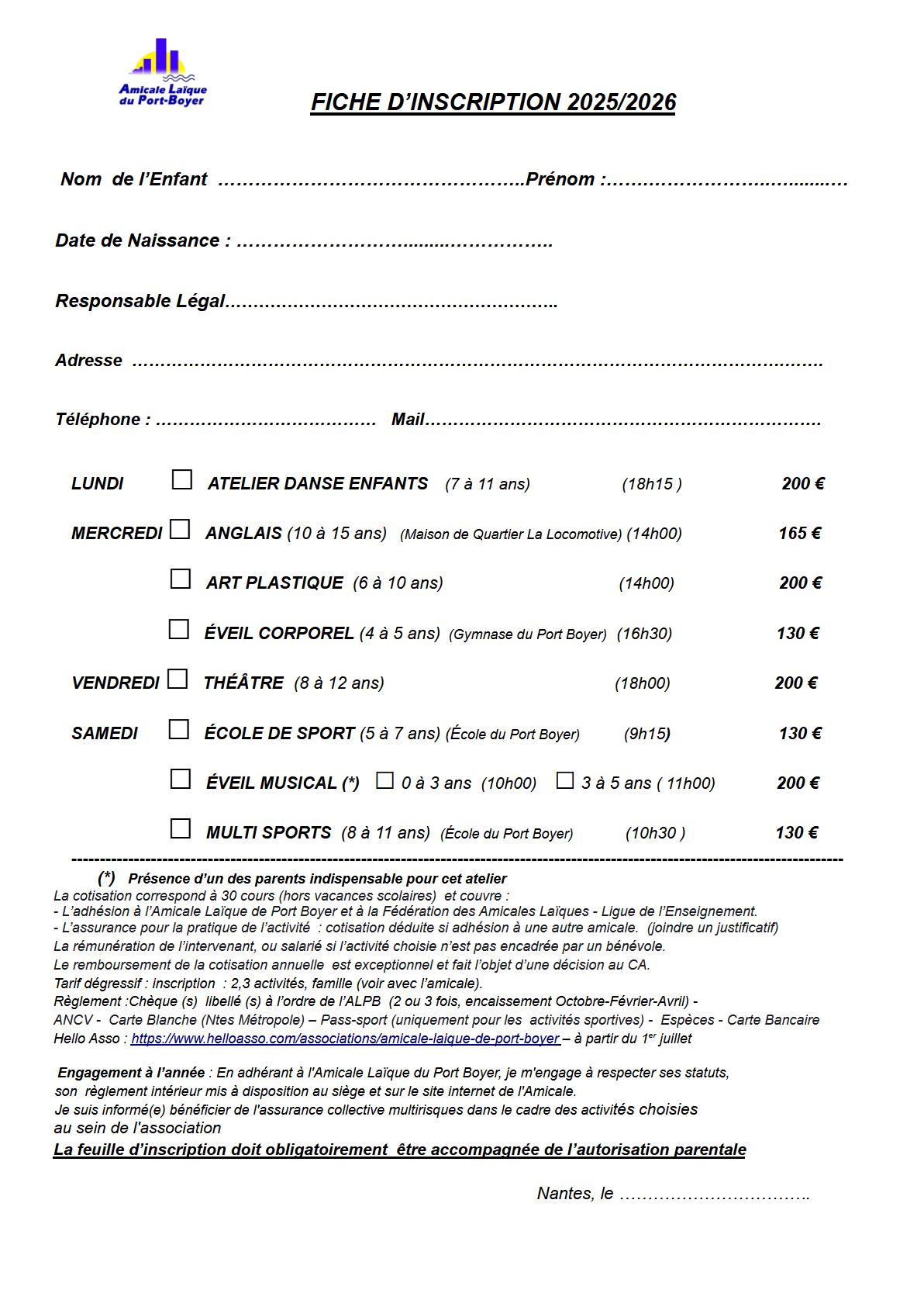 Bulletin d'inscription enfant de l'Amicale Laïque de Port-Boyer